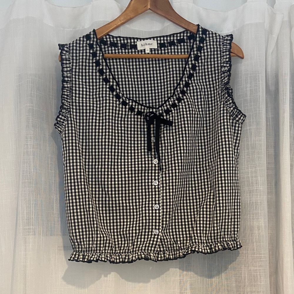 bohme Black & White Gingham Ruffle Tank with Tie